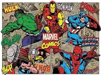 kolaż postaci z komiksów Marvela, takich jak Hulk, Iron Man i Kapitan Ameryka